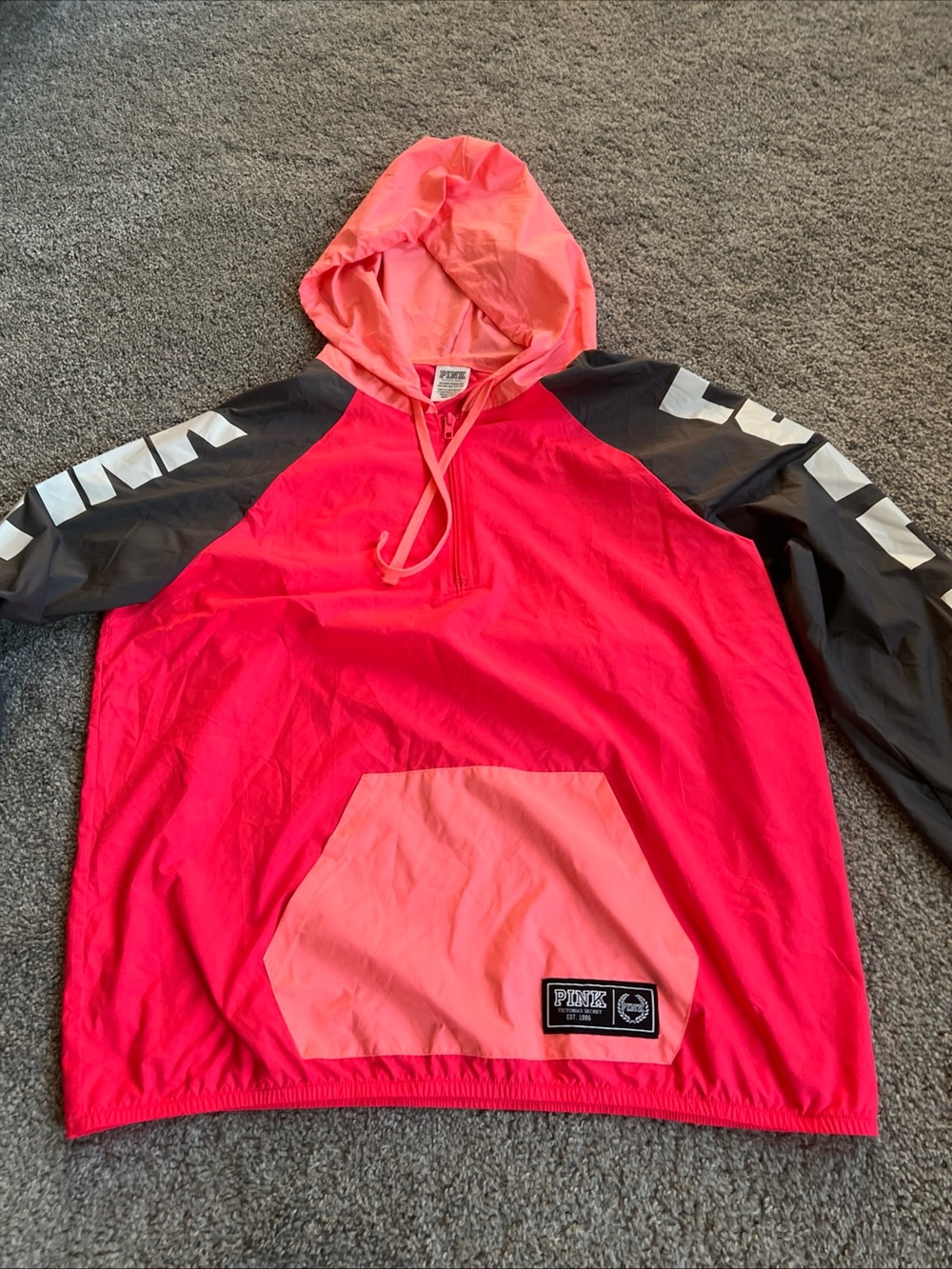 PINK Victoria's Secret Neon Pink & Gray Pullover Windbreaker Hoodie